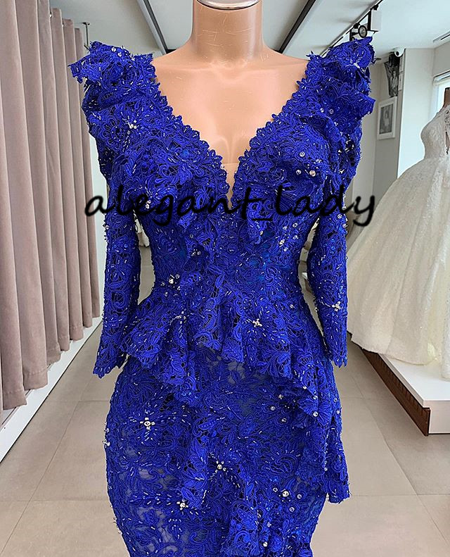 Royal Blue Lace Prom Formal Dresses with Long Sleeve 2020 Aso Ebi Modern V-neck Beaded Ruffles Peplum Mermaid Evening Reception Gown