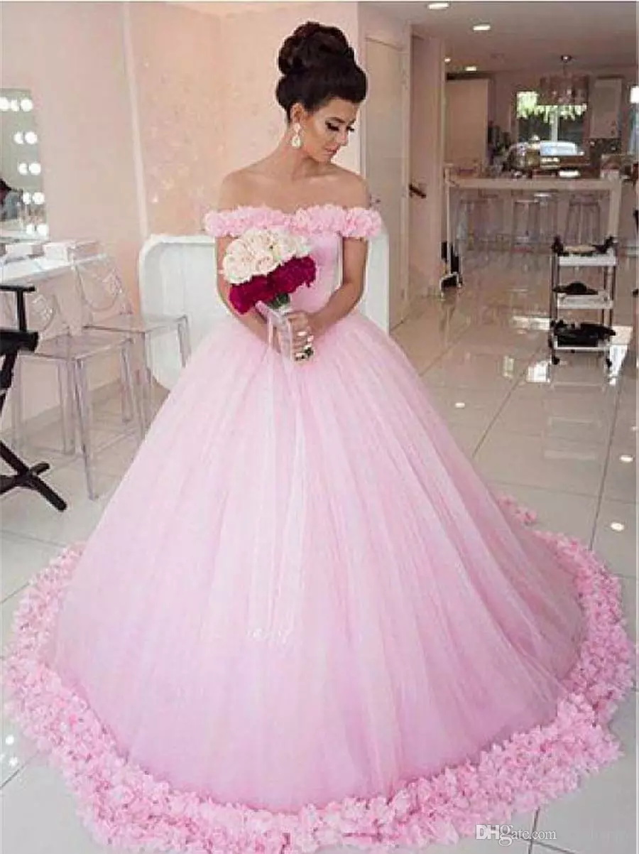 Pink Quinceanera Dresses Off Shoulder Lace 3D Floral Flower Sweep Train Lace Up Back Prom Dress Custom Made Girls Evening Gowns
