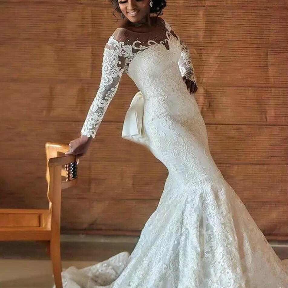 african mermaid wedding dresses long sleeves sheer neck detachable train lace appliques wedding dress bridal gown vestidos de noiva