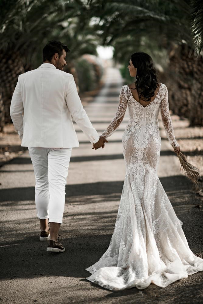 Vintage Countryside Mermaid Wedding Dresses 2020 Illusion Long Sleeve Full Lace Floral Bohemian Backless Wedding Gown Vestidos De Novia