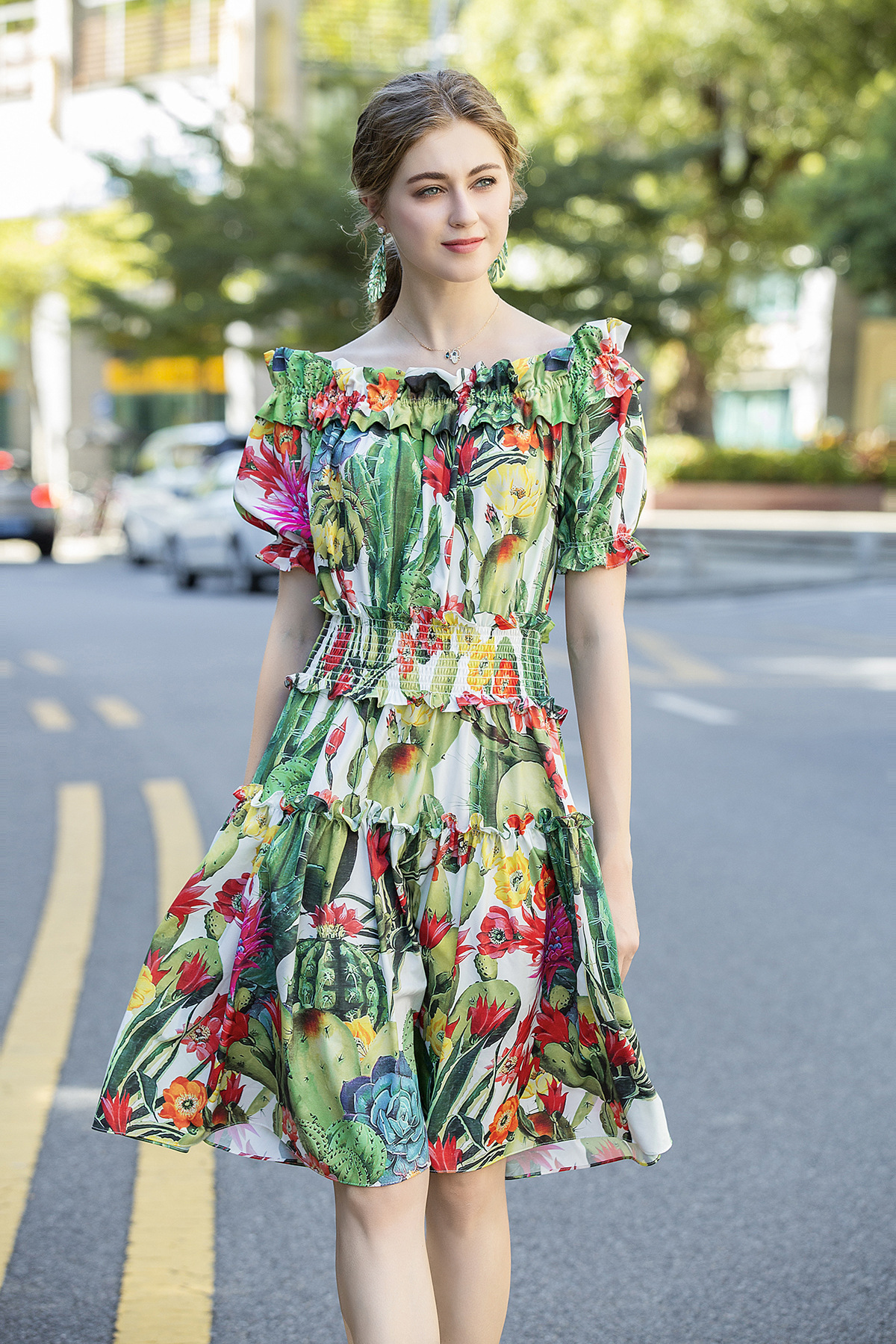 Cotton Blending Printing Dresses Slash Neck Women Holiday Dress Ruffle Fashion Elastic Waist Lady Casual Dress, As picture
Cotton Blending Printing Dresses Slash Neck Women Holiday Dress Ruffle Fashion Elastic Waist Lady Casual Dress, As picture