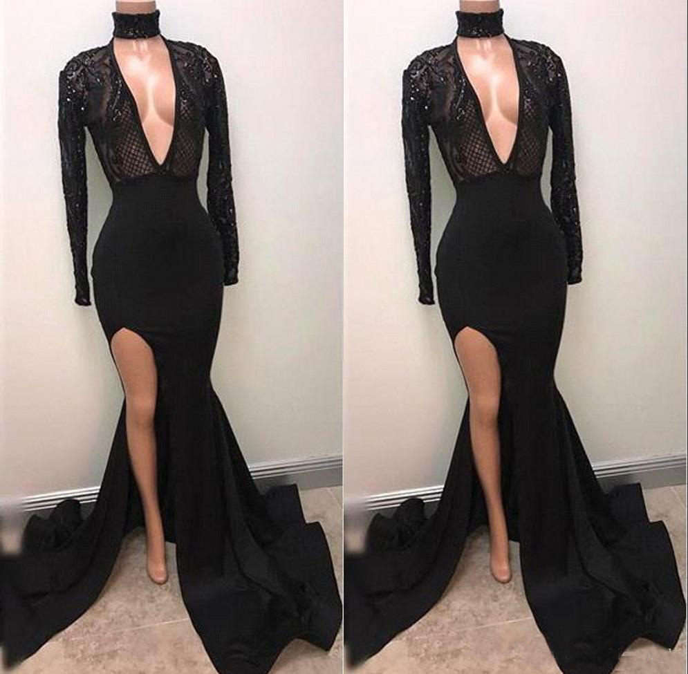 Sexy Prom Dresses Mermaid Split Black Sexy Long-Sleeve Deep V-Neck Sparkly Evening Party Dresses Celebrity Gowns