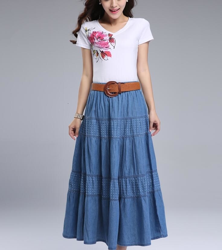 Women Summer Denim Skirts High Waist Plus Size Long Skirt Vintage Solid Color A-Line Jean Skirt With Belt 2019 Spring A5390 V191130
