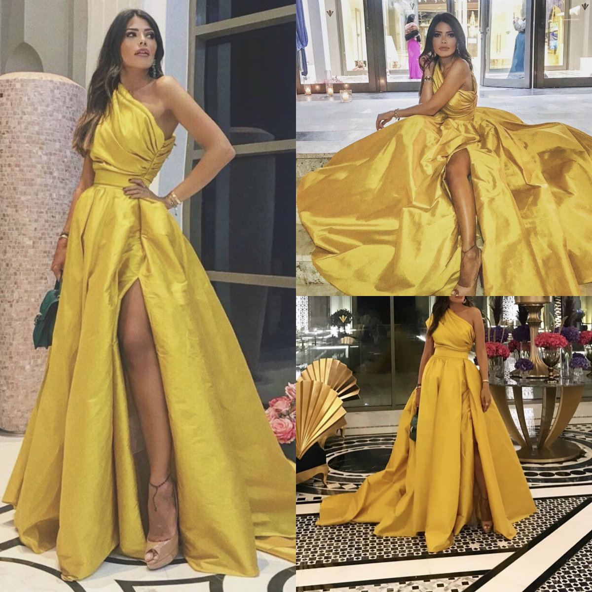 2020 Yellow Prom Dresses One Shoulder A Line Ruffles Side Split Fairy Evening Gowns Custom Made Cheap Formal Dress Party Wear