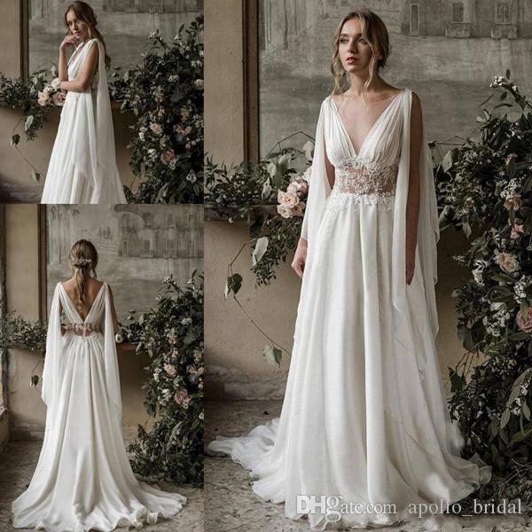 Beach A Line Wedding Dresses Boho V Neck Chiffon Sweep Train Backless Lace Applique Chiffon Backless Plus Size Wedding Dress Bridal Gowns