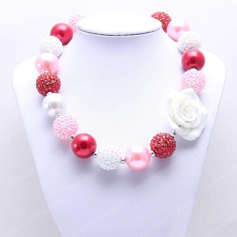 Pink Red Color Design Necklace&Bracelet Headband 3PCS Jewelry Set Rose Flower Toddlers Girls Bubblegum Baby Kids Chunky Necklace Jewelry Set