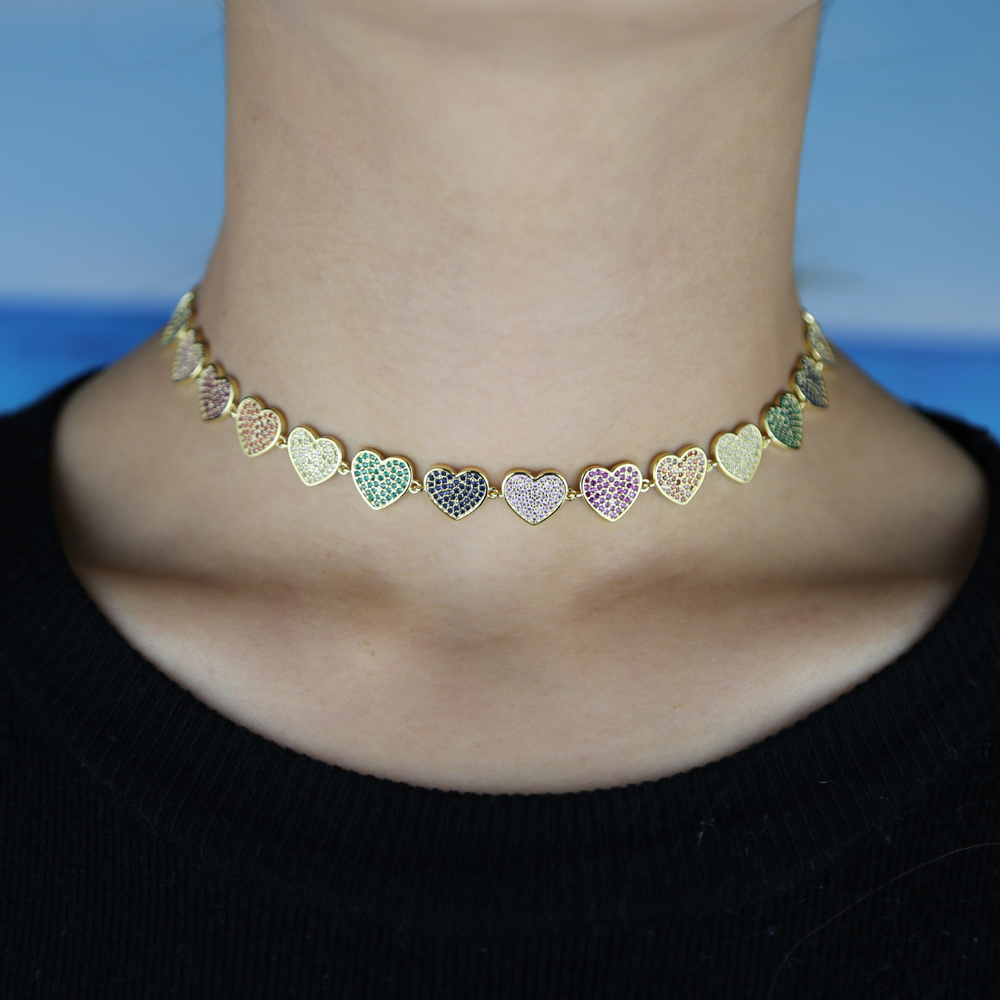 New Sweet Love Heart Choker Necklace with rainbow cz Statement Girlfriend Gift Cute Gold Silver Necklace Jewelry Collier Femme