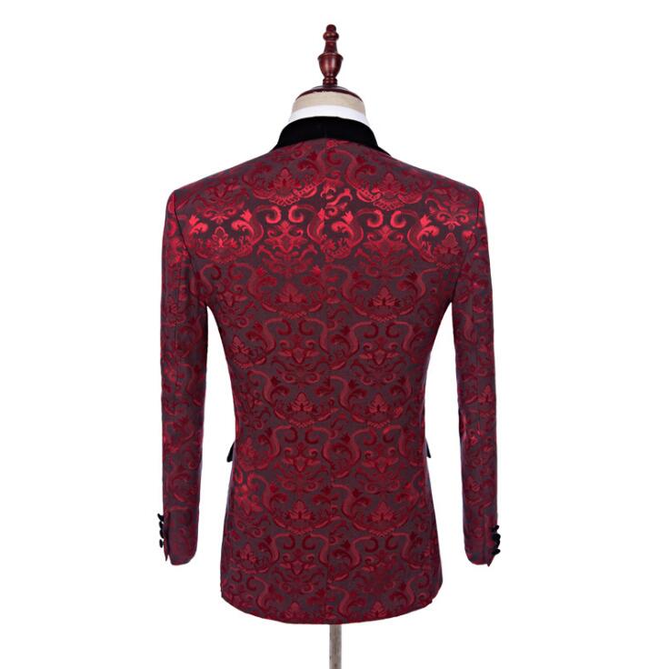Burgundy Printed Wedding Tuxedos Shawl Lapel Wine One Button Groom Men Suits Wedding Prom Dinner BestMan Blazer(Jacket+Bow+Vest+Pants)