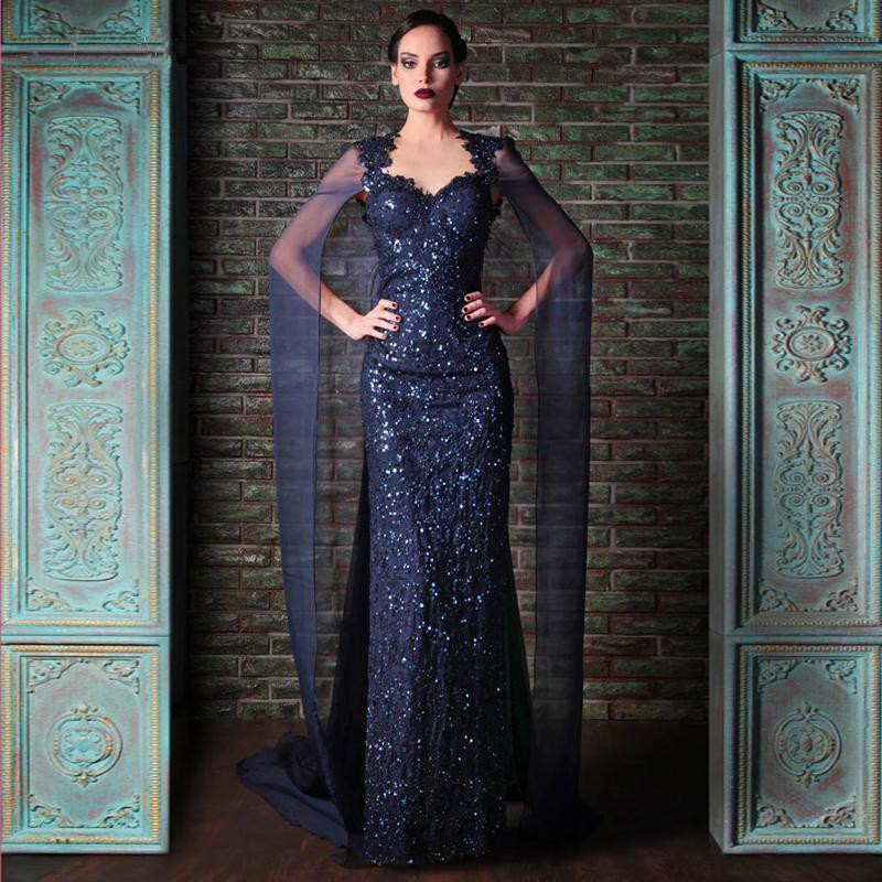 Navy Blue Sequins Mother Of Bride Dresses With Chiffon Wraps Long V Neck Full Length Appliques Lace Groom Mom Dress For Beach Garden