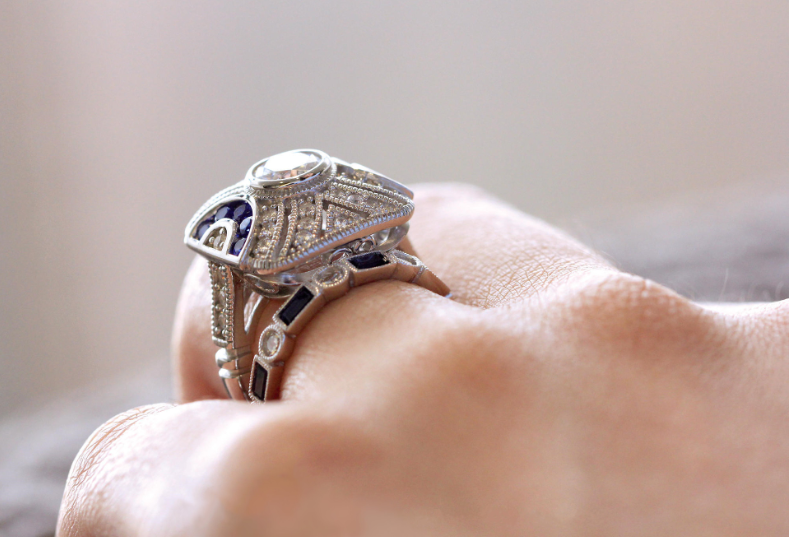 Sterg Sier Wedding Ring Set with Blue Sapphire CZ Dias for Mother's Day