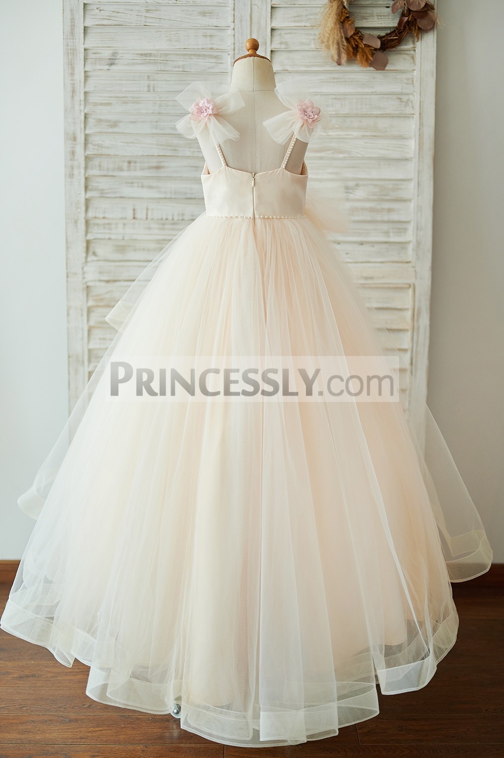 Newest A Line Girl Spaghetti Sleeveless Tulle Lace Hand Made Flower Pearls Wedding Dress Floor Length Girl's Birthday Part 0431