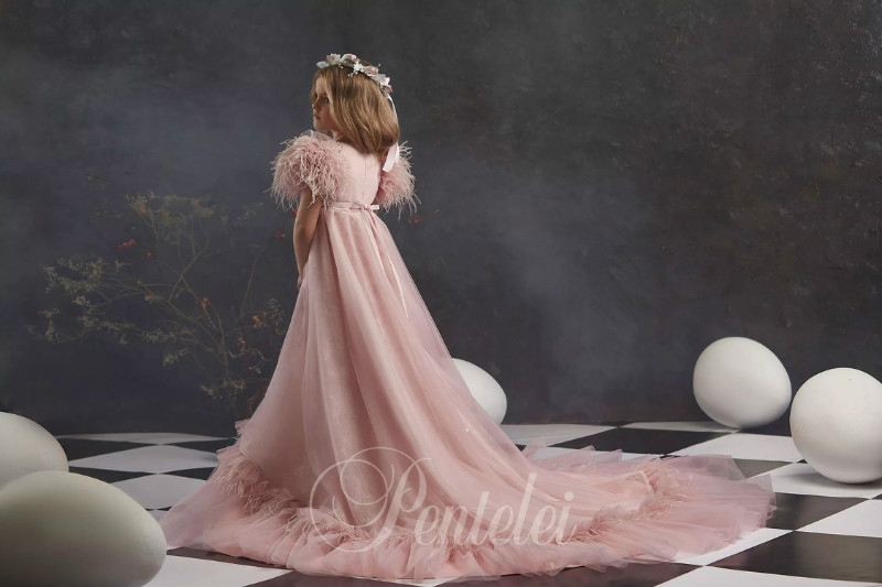 Dreamly A Line Flower Girl Dresses Jewel Short Sleeve Lace Applique Bow Sash Crystal Feather Pageant Dress Floor Length Girl's Birthday Part