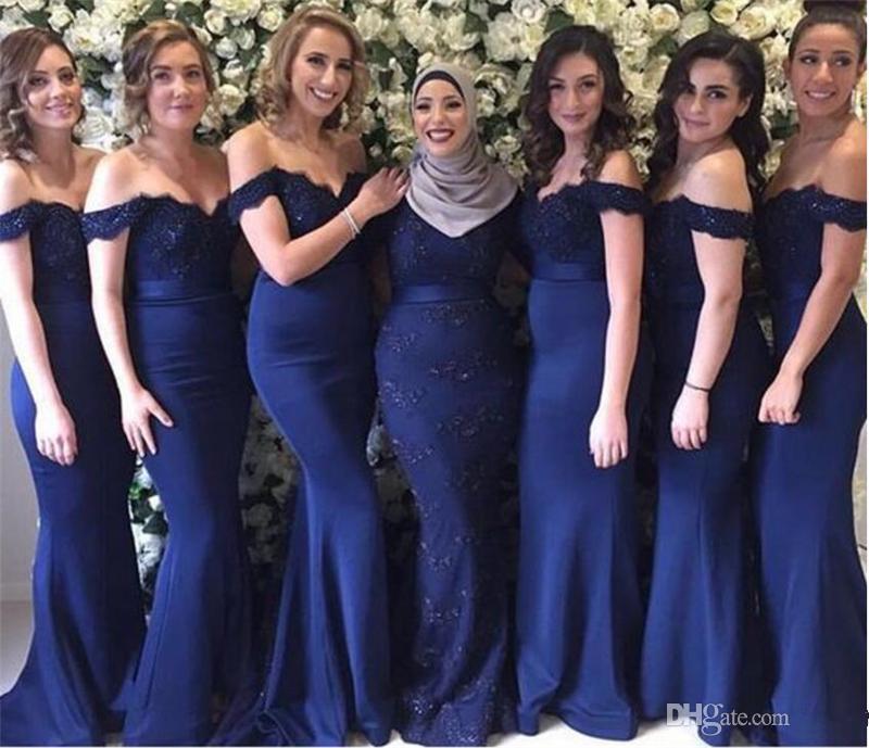2021 Navy Blue Vestios De Fiesta Mermaid Bridesmaid Dress Off Shoulders Lace Appliques Beaded Elegant Maid of the Honor Dresses