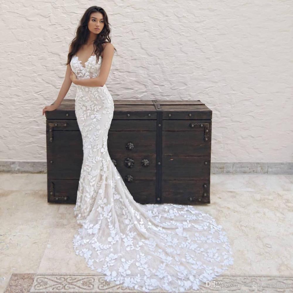 Beach Full Lace Mermaid Dresses Applique Spaghetti Deep V Neck Backless Sweep Train Wedding Dress Bridal Gowns vestidos de novia