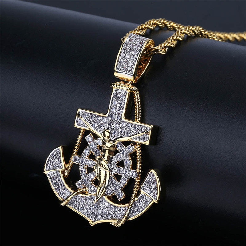 New Arrived 18K Gold Plated Anchor Necklace Pendant with 4MM Tennis Chain Rope Chain Iced Out Full Zircon Mens Jewelry