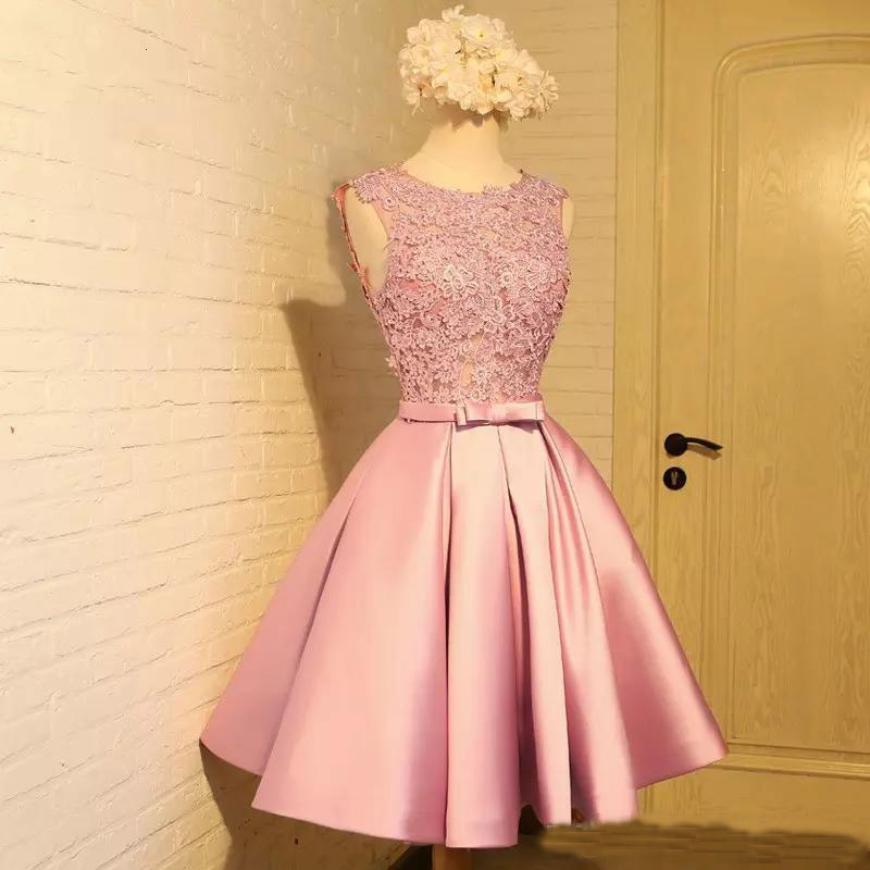 Sheer Jewel Satin Cheap Short Maid Of Honor Dresses With Sash Bow A Line Beads Lace Appliques Junior Bridesmaids Dress 0521