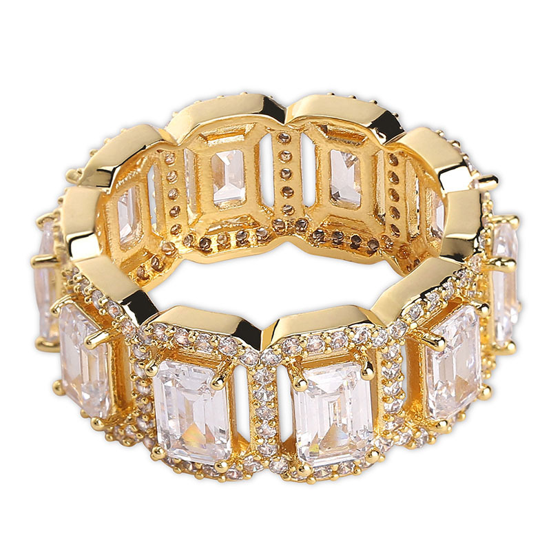 18K Gold Bling Rectangle CZ Cubic Zirconia Mens Hip Hop Ring Band personalized Iced Out Full Diamond Rapper Jewelry Gifts for Men Women