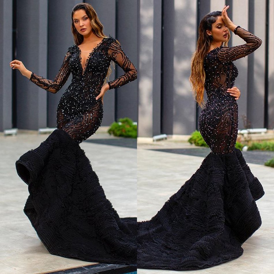 Black Sexy Mermaid Evening Dresses Deep V Neck Long Sleeve Beads Sequins Tulle Prom Dress Floor Length Special Occasion Dresses, Gray
Black Sexy Mermaid Evening Dresses Deep V Neck Long Sleeve Beads Sequins Tulle Prom Dress Floor Length Special Occasion Dresses, Gray