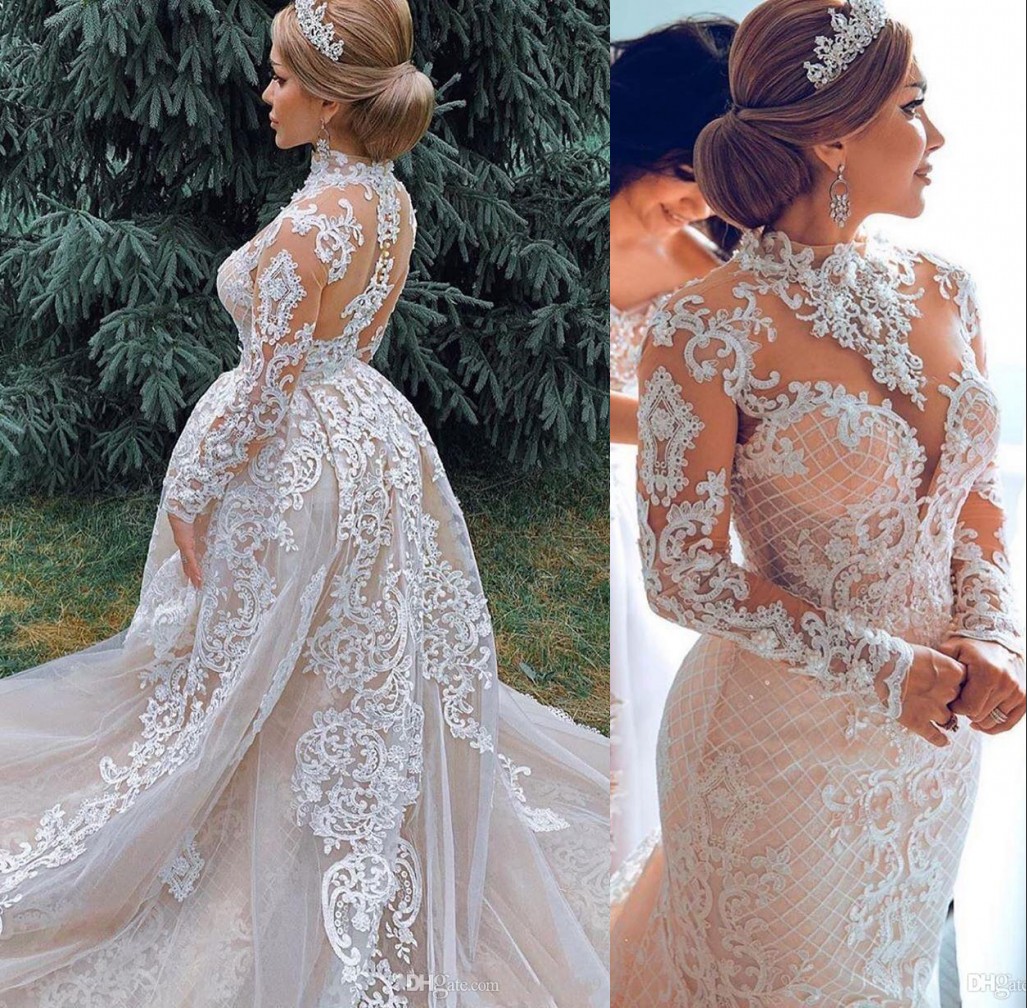Blush Pink New Mermaid Wedding Dresses Long Sleeves High Neck Illusion Lace Appliques Beads Detachable Train Sexy Button Back Bridal Gowns