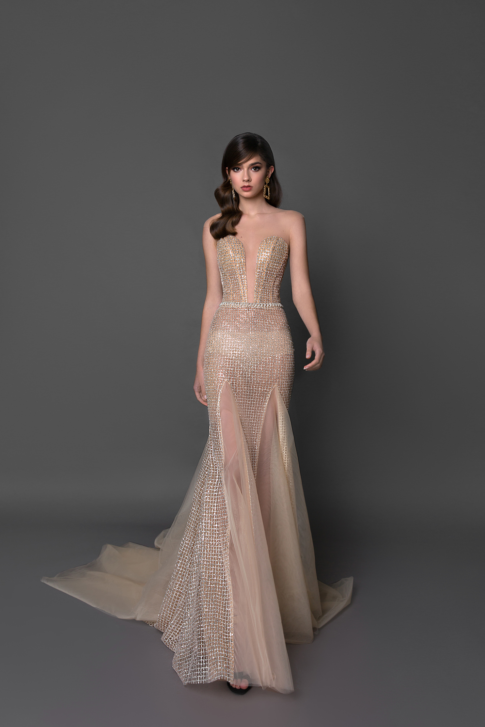 2019 Champagne Mermaid Prom Dresses Sweetheart Deep V Neckline Illusion Thigh High Slits Evening Gowns Formal Party Dresses Custom Made