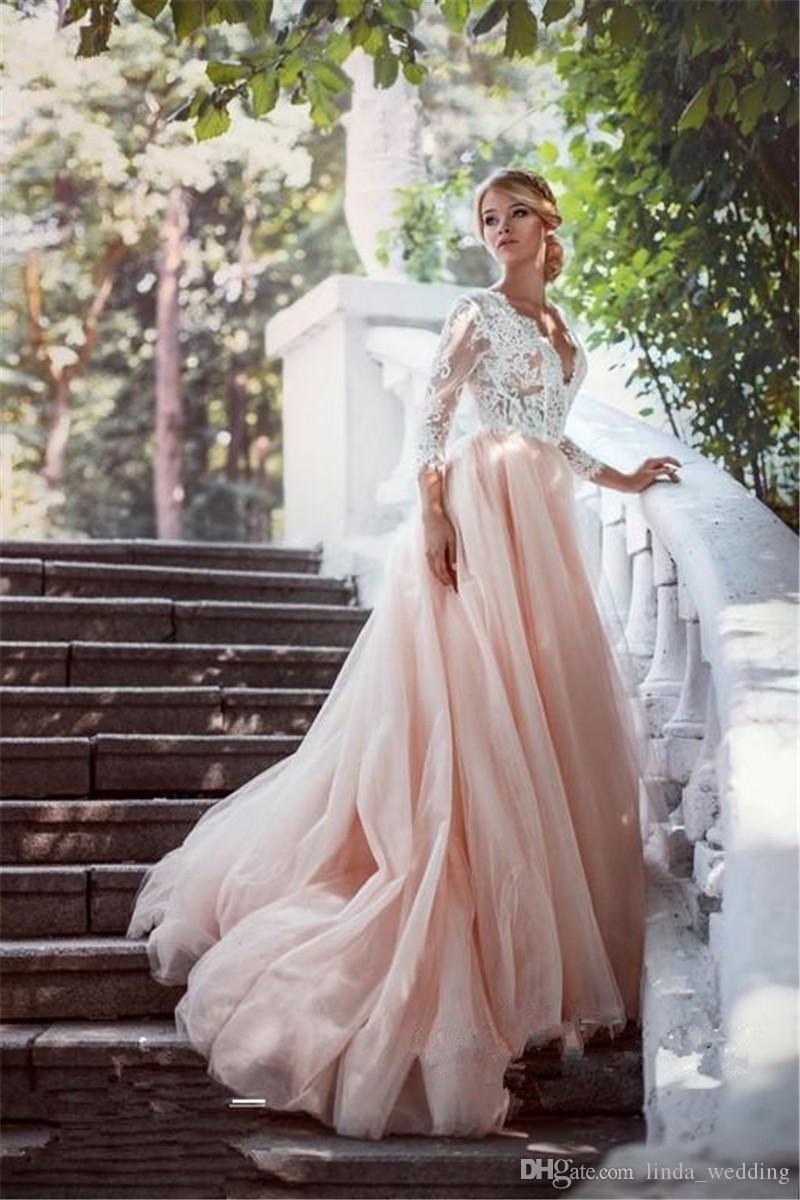 2019 Romantic Lace Tulle Pink Wedding Dress Arabic A Line Deep V-neck Bridal Gown South Africa Plus Size Custom Made Vestido De noiva