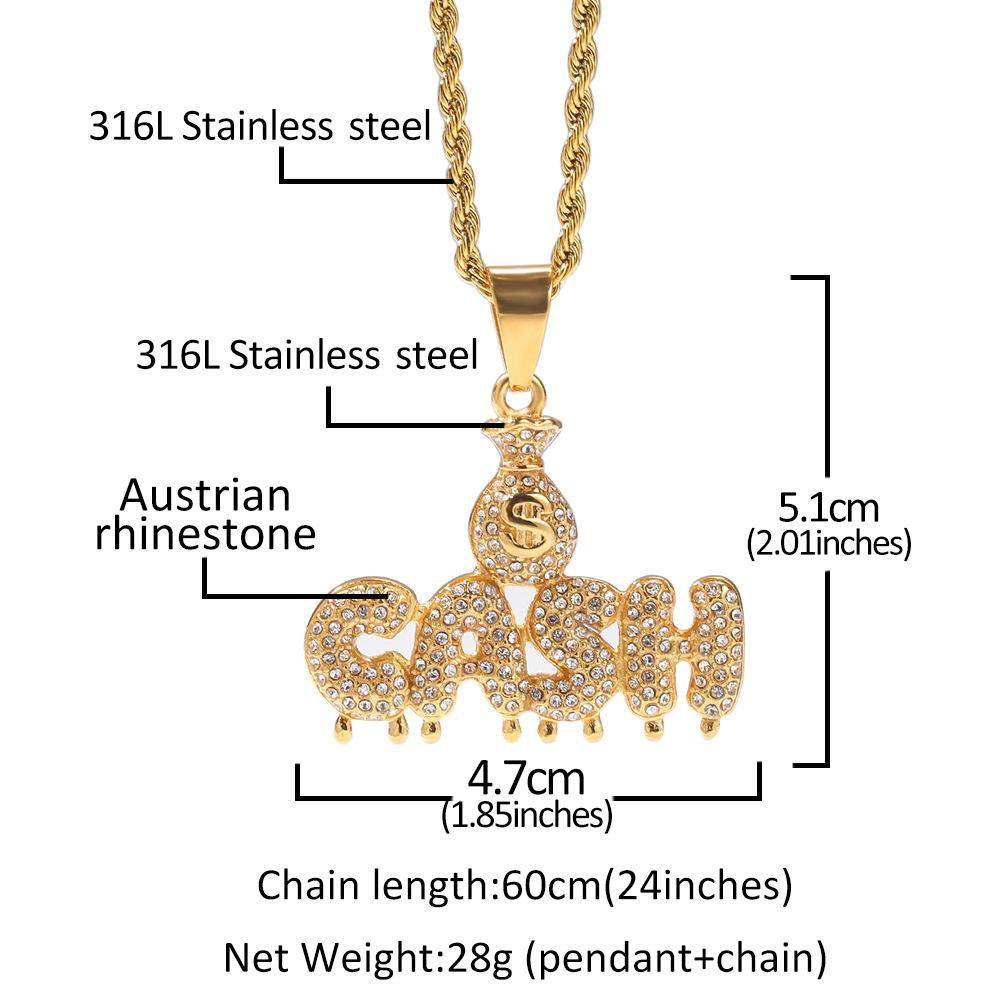 New guys Gold Stainless Steel Bling Diamond US Dollar Sign Money Cash Letters Pedant Necklace Hip Hop Rapper Club Jewelry Gifts for Men