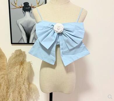 New womens fashion design spaghetti strap short up-navel style high waist big bow flower pin patchwork tank top vest camisole SML