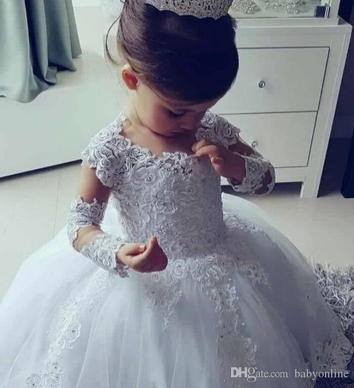 Sexy Lace Flower Jewel Neck Long Sleeves Appliques Tulle Wedding Girls Pageant Party Dresses Birthday Kids Prom Dress