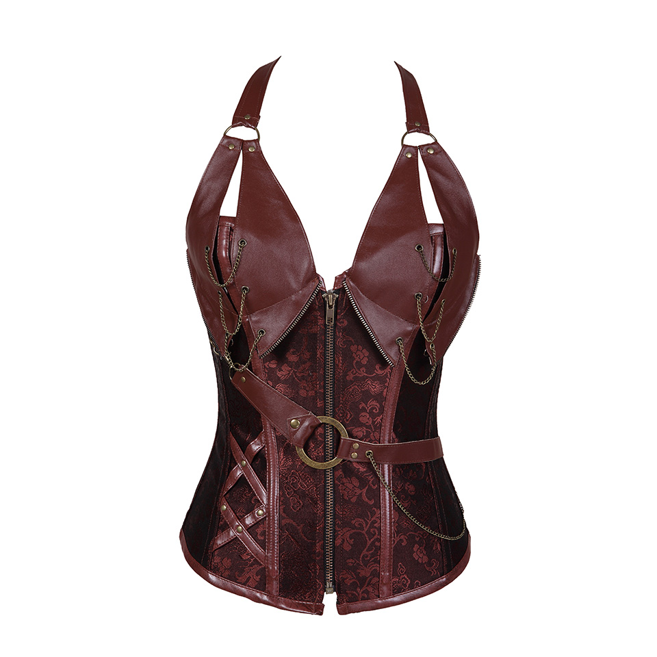 Zipper Brocade Steampunk Corset Halterneck Retro Bustiers Corsets Plus Size S-6XL Women's Clubwear Sexy Lingerie Corset Top with Chains