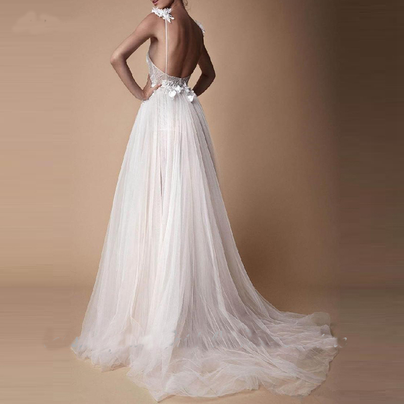 Sexy Beach Boho Wedding Dresses High Split Open Back Spaghetti Straps Bridal Gowns 3D Flower Beading Vestidos de Novia Playa Wedding Gown