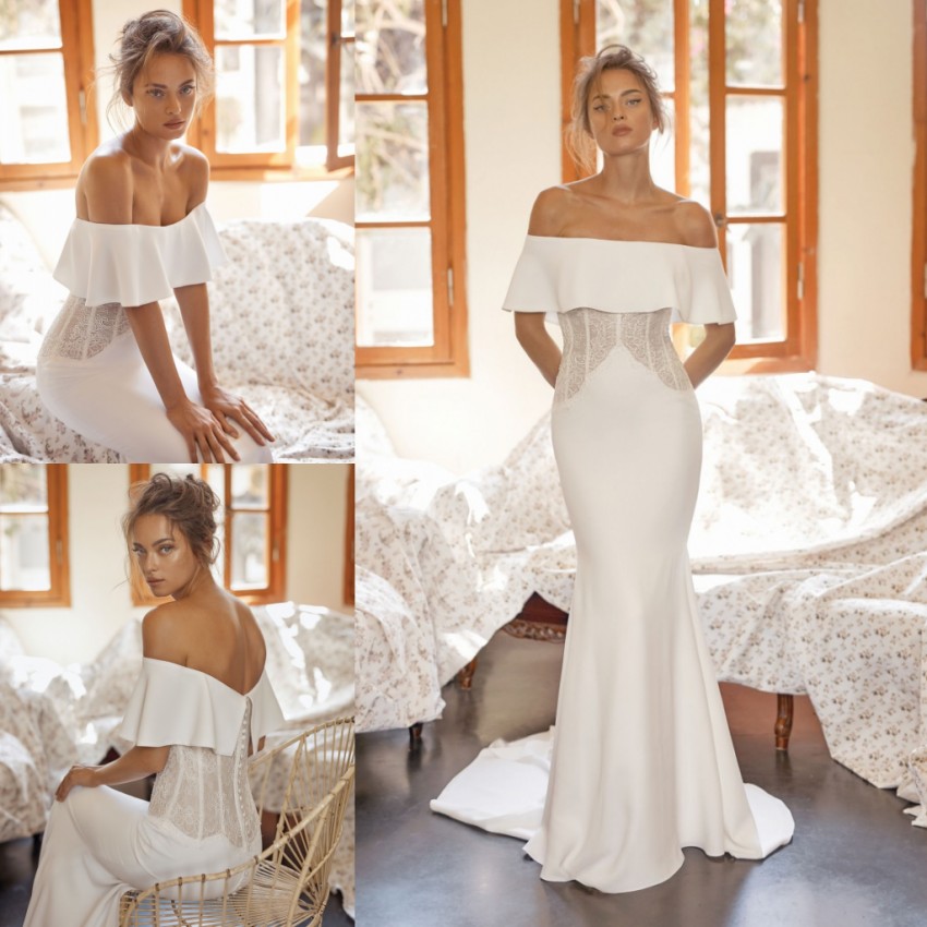 Lihi Hod Charming Mermaid Wedding Dresses Off The Shoulder Neck Lace Bridal Gowns Sweep Satin Covered Buttons Back Robe De Marie