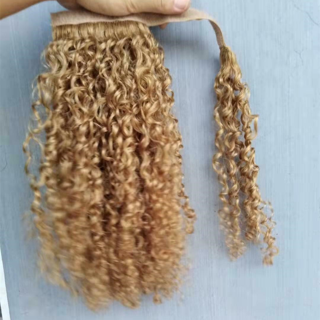 Short Screw Curls wraps around Honey blonde Clip Ponytail Extensions Human Clip in Drawstring Curly Ponytail Hairpiece 100g