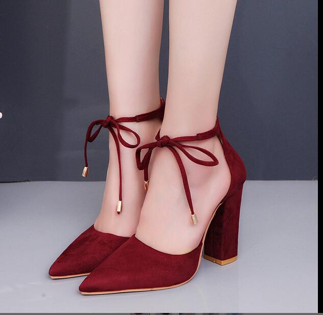 Plus-size women's high heel sandals chunky wedding shoes with lace-up shoes bridesmaid shoes are fashionable and comfortable