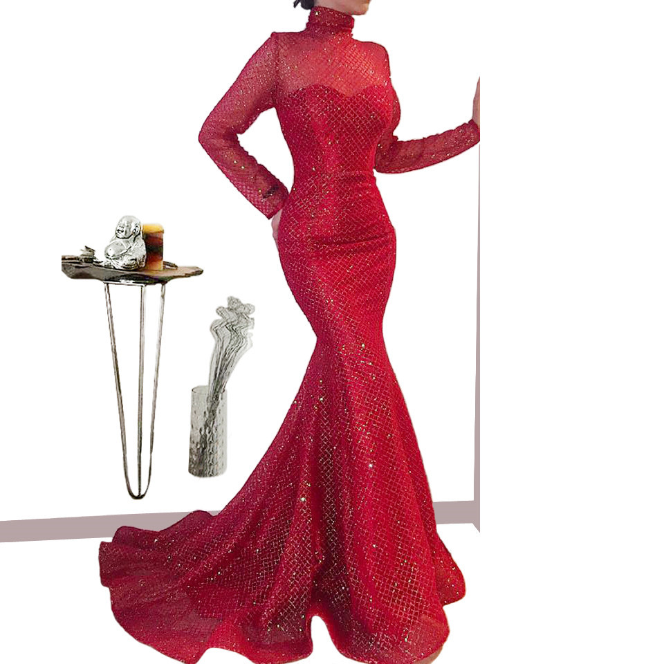 Red Lace Mermaid Evening Dresses Saudi Arabic Africa High Neck Sheer Long Sleeves Evening Gowns 2020 Long Sequined Prom Dress