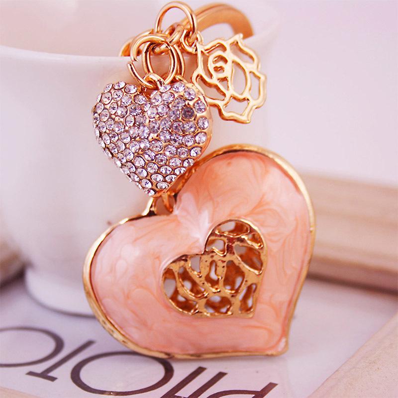 Crystal Heart Pendant Key Chains Glitter Enamel Alloy Rhinestone Charms Decor Fashion Keychain Gold Tone Plated Oil Drop Metal Car Keyring