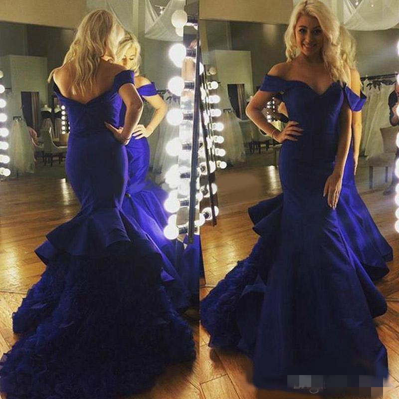 Blue Mermaid Royal Prom Dresses Satin Elegant Off The Shoulder Tiered Skirt Ruched Pleats Plus Sizw African Girl Guraduation Party Gown