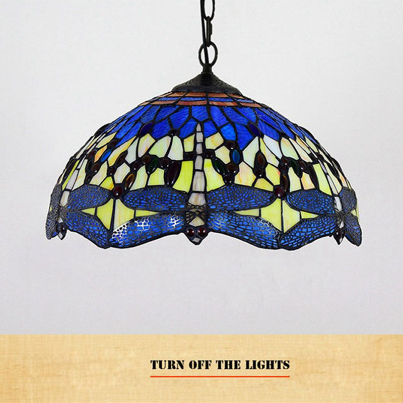 European creative retro Tiffany stainedblue yellow dragonfly art chandelier bar restaurant glass lamp TF022