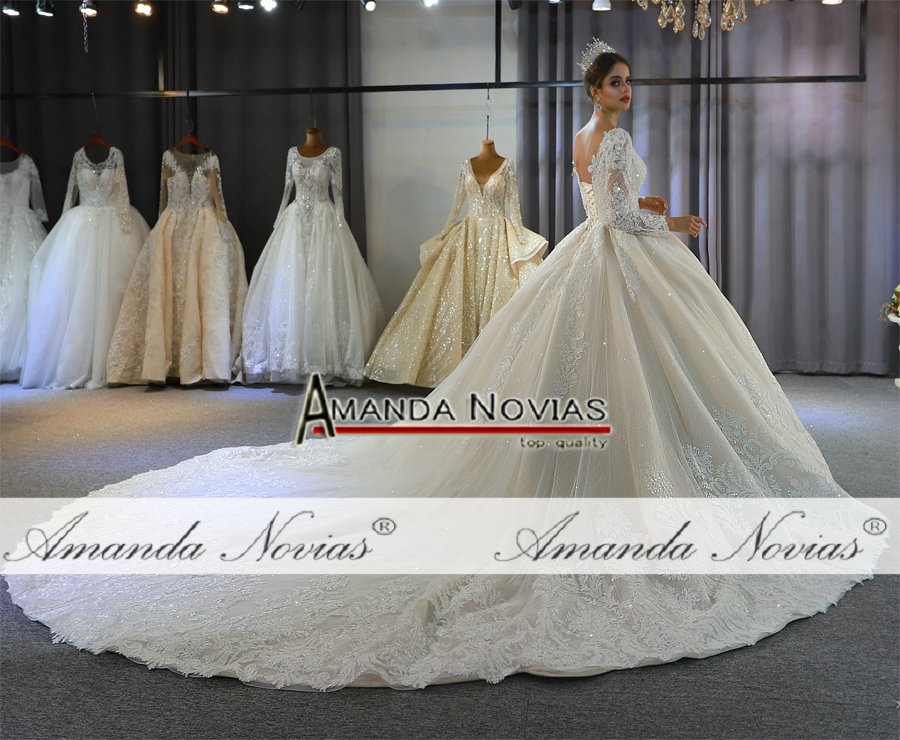Light Champagne V Neck Crystal Lace Ball Wedding Dresses Muslim Long Sleeves Open Back Plus Size Bridal Gown Real Pictures BC