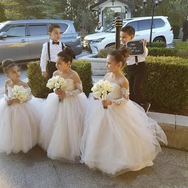 Blush Pink Arabic Flower Girls Dresses For Weddings Sheer Neck Long Sleeves Lace Appliques Ball Gown Birthday Girl Communion Pageant Gowns