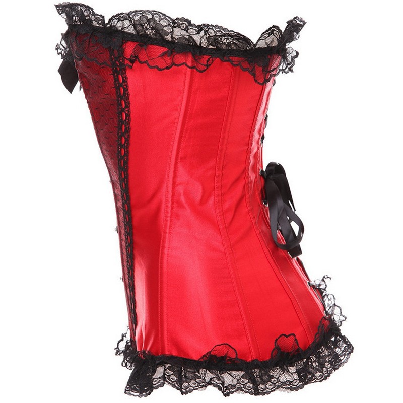 Lace Ruffle Trim Overbust Corset Top Women Fashion Satin Plastic Boned Corselet Plus Size S-6XL Sexy Lace-up Corset with Bows / Dots