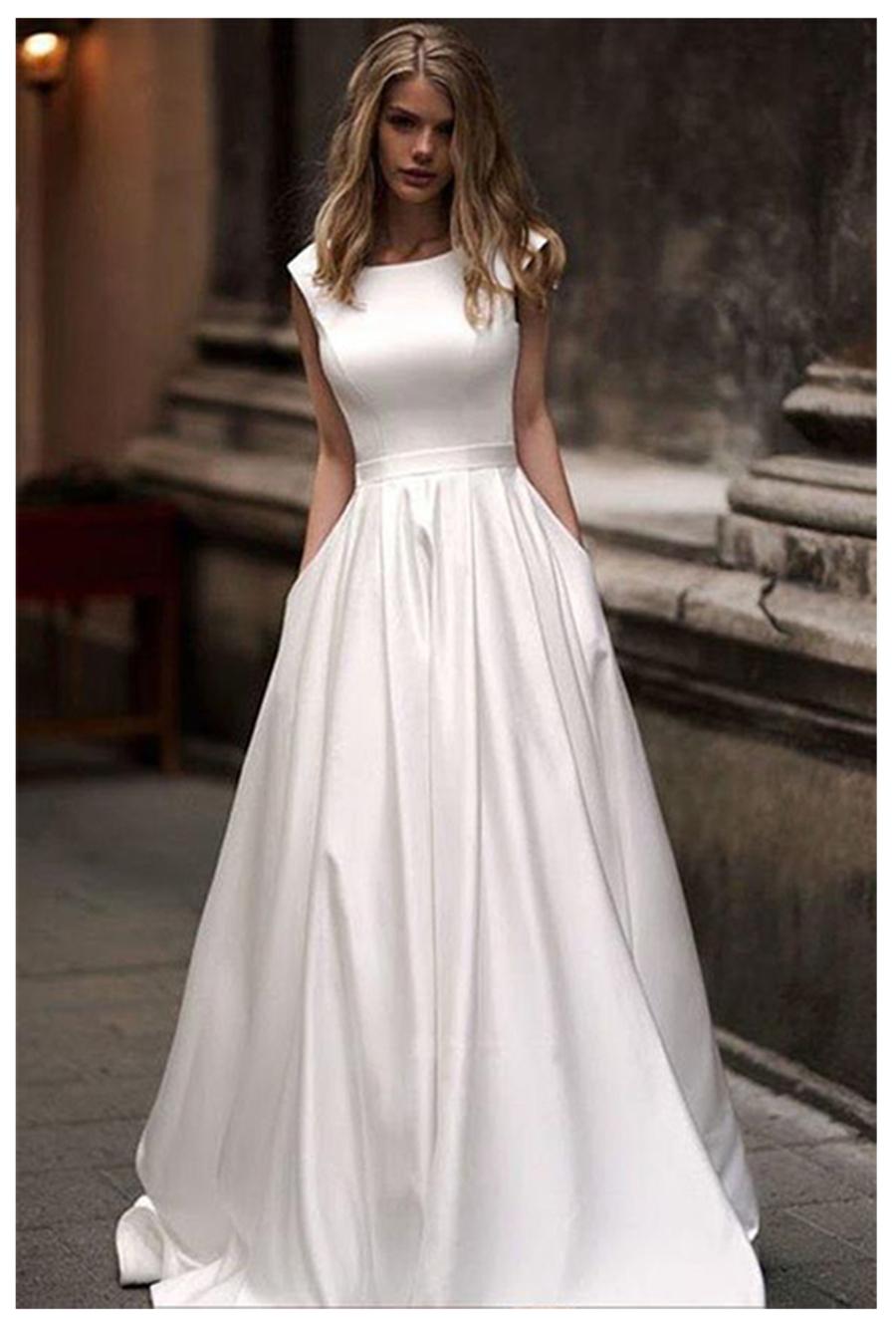 Satin Wedding Dresses With Pocket A Line Sleeveless Bridal Gowns Floor Length Wedding Gown Vestido de novia
