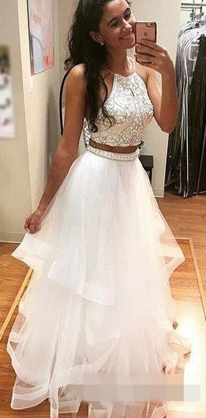 2020 White Two Piece Prom Dresses Beaded Halter Tiered Skirt Tulle Organza Ruffles Custom Made Evening Party Gown Formal Occasion Wear