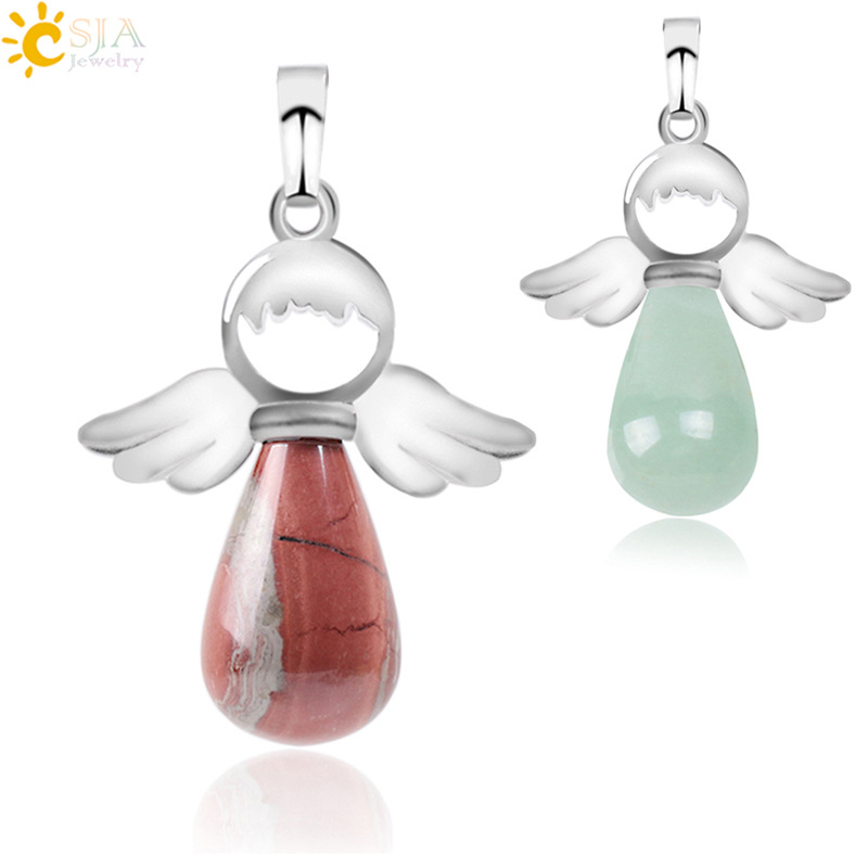 Natural Stones Angels Wings Pendant for Necklace Pink Quartz Onyx Pendants Silver-color Water Drop Female Jewelry Gift