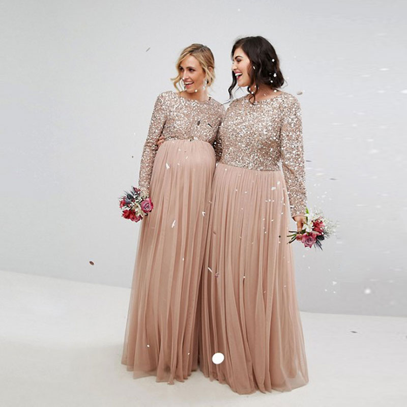 Cheap Champagne Sequined Bridesmaid Dresses With Long Sleeves Jewel Neck Country Maid Of Honor Gowns Floor Length Wedding Guest Dress
