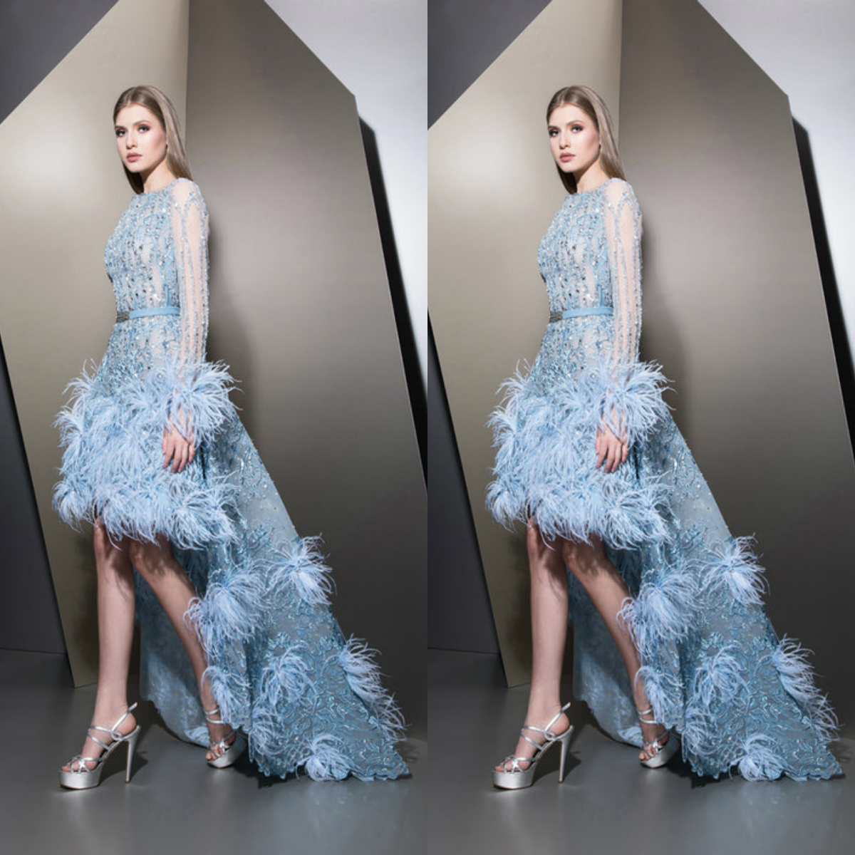 Ziad Nakad 2020 Feather Prom Dresses Lace Appliqued High Low Beaded Long Sleeves Evening Gowns Vestido Longo Abendkleider