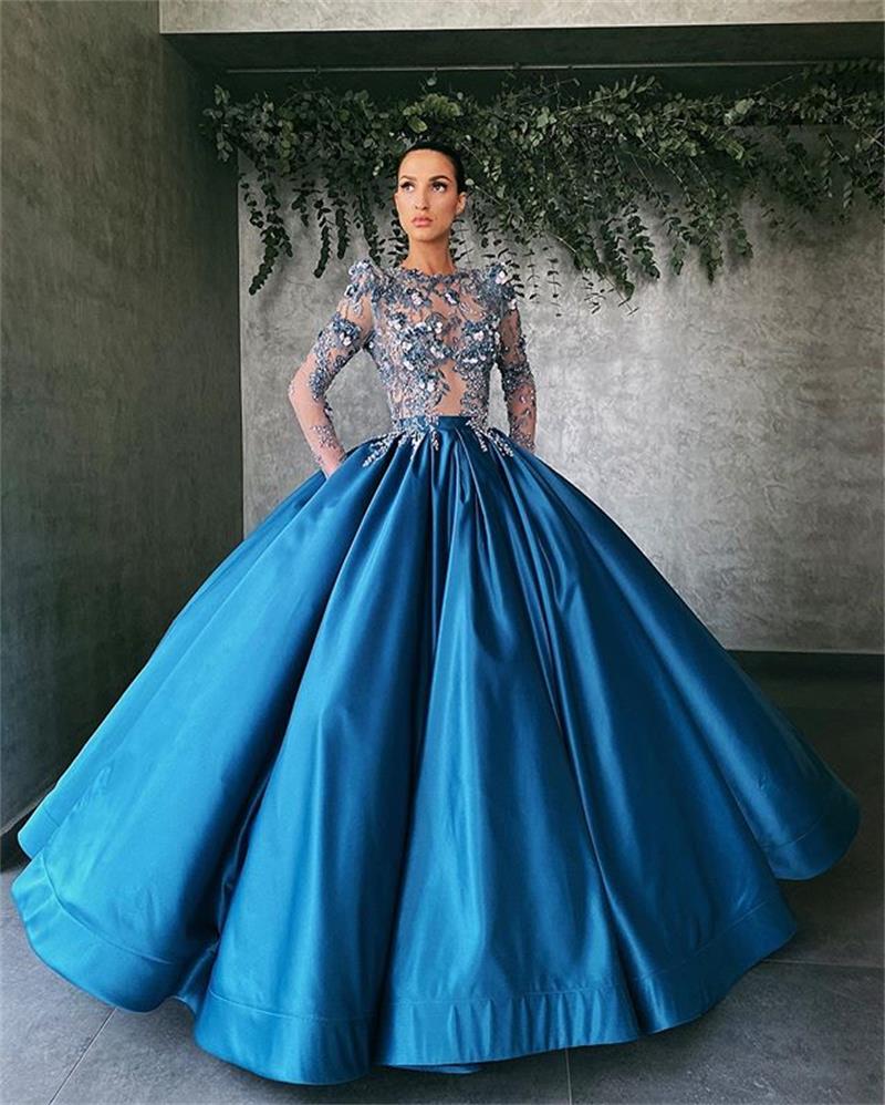 2020 Blue Ball Gown Prom Dresses Jewel Neck Lace 3D Floral Appliques Long Sleeve Evening Gowns With Pockets Dubai Arabic Dress Vestidos
