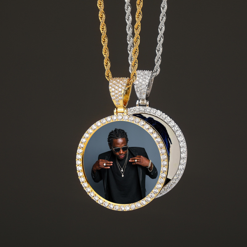 New Personalized 18K Gold Plated Bling Cubic Zirconia DIY Photo Custom Medallion Pendant Necklace Jewelry Birthday Gifts for Guys Women