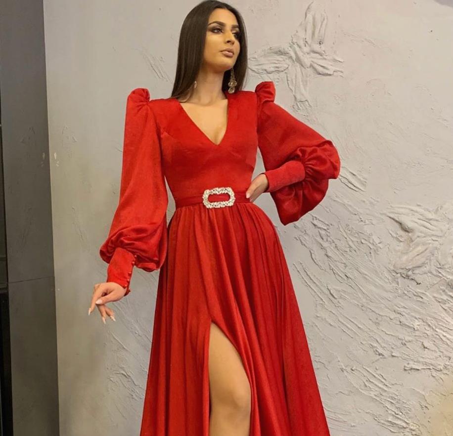 Red High Slit Prom Dress Crystal Belt A Line V Neck Ruffles Long Sleeve Evening Gowns Party Wear Vestidos Robe De Soiree Abendkleider