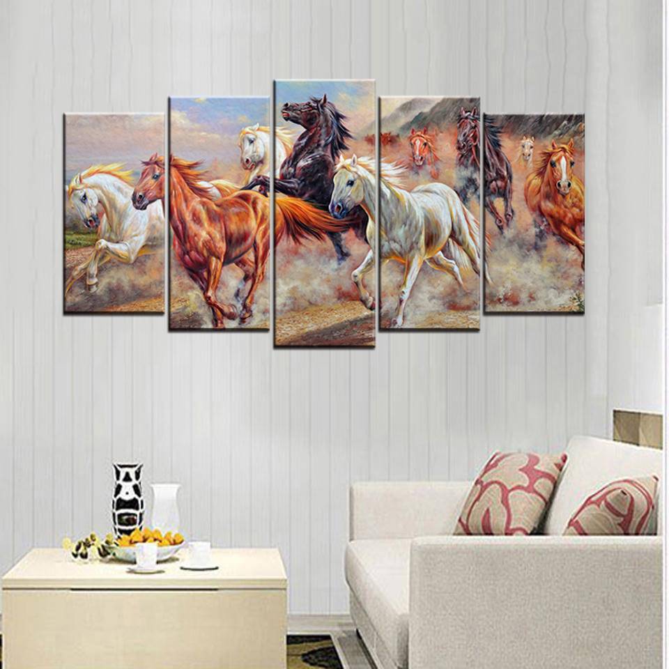 5pcs/set Wall Art Painting Picture HD Print Running Horses Oil painting Style Unframed Canvas For Hall Decor Home Decoration