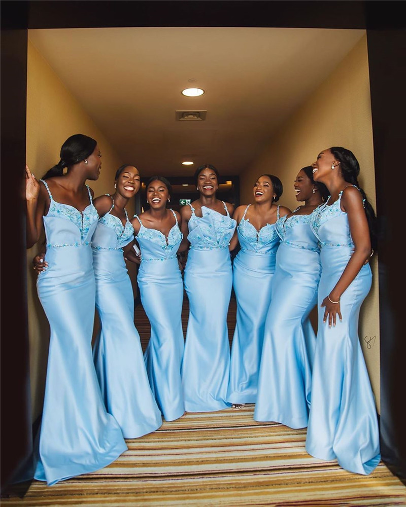 Ice Blue Mermaid African Bridesmaids Dresses 2020 Plus Size Crystals 3D Floral Black Girls Maid Of Honors Wedding Guest Gowns